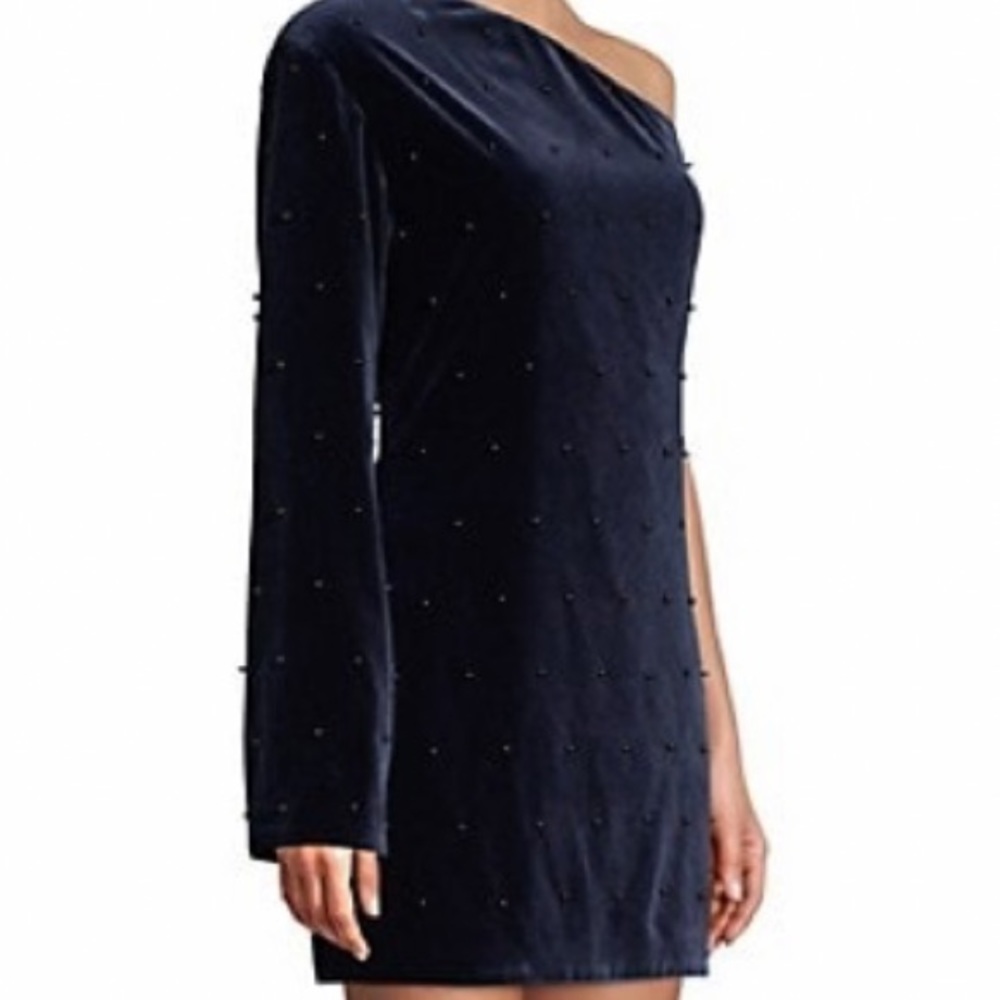 RtA NAVY VELVET AND PEARLS EDIE ONE SHOULDER MINI DRESS SIZE 4 - Picture 3 of 16